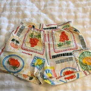 Women's Fruit-Print Elastic Waist Shorts - White with Red & Orange Accents